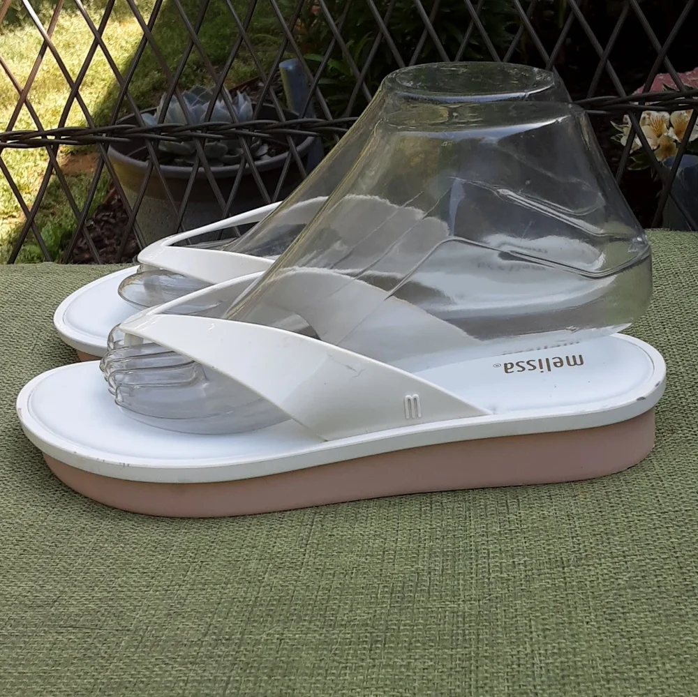 Melissa White and Pink Platform Thong Sandal Size 8.